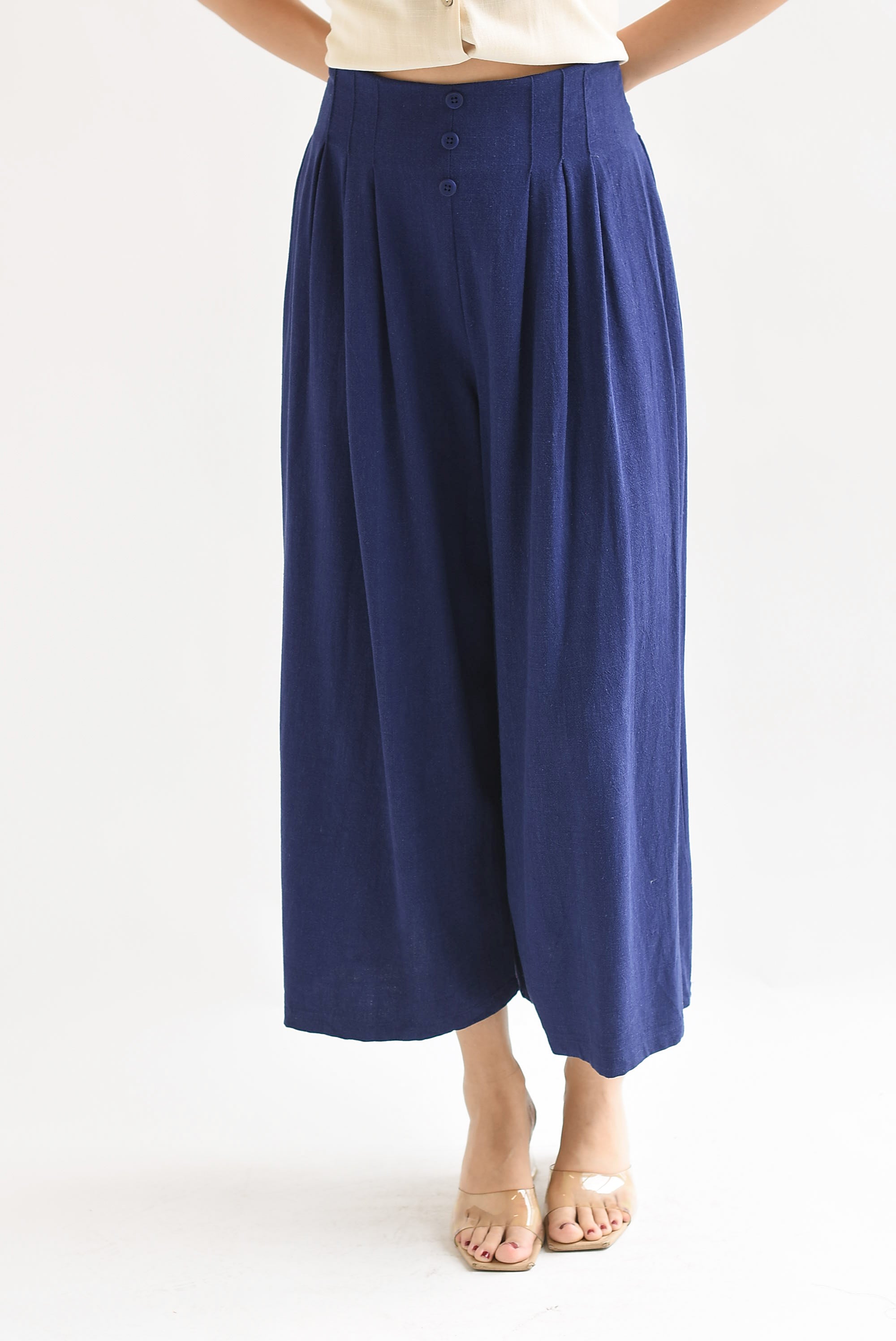 Pantalón culotte tipo lino Azul Marino