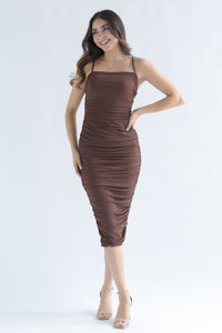 Fashion Styled Vestido mesh drapeado tirantes Café