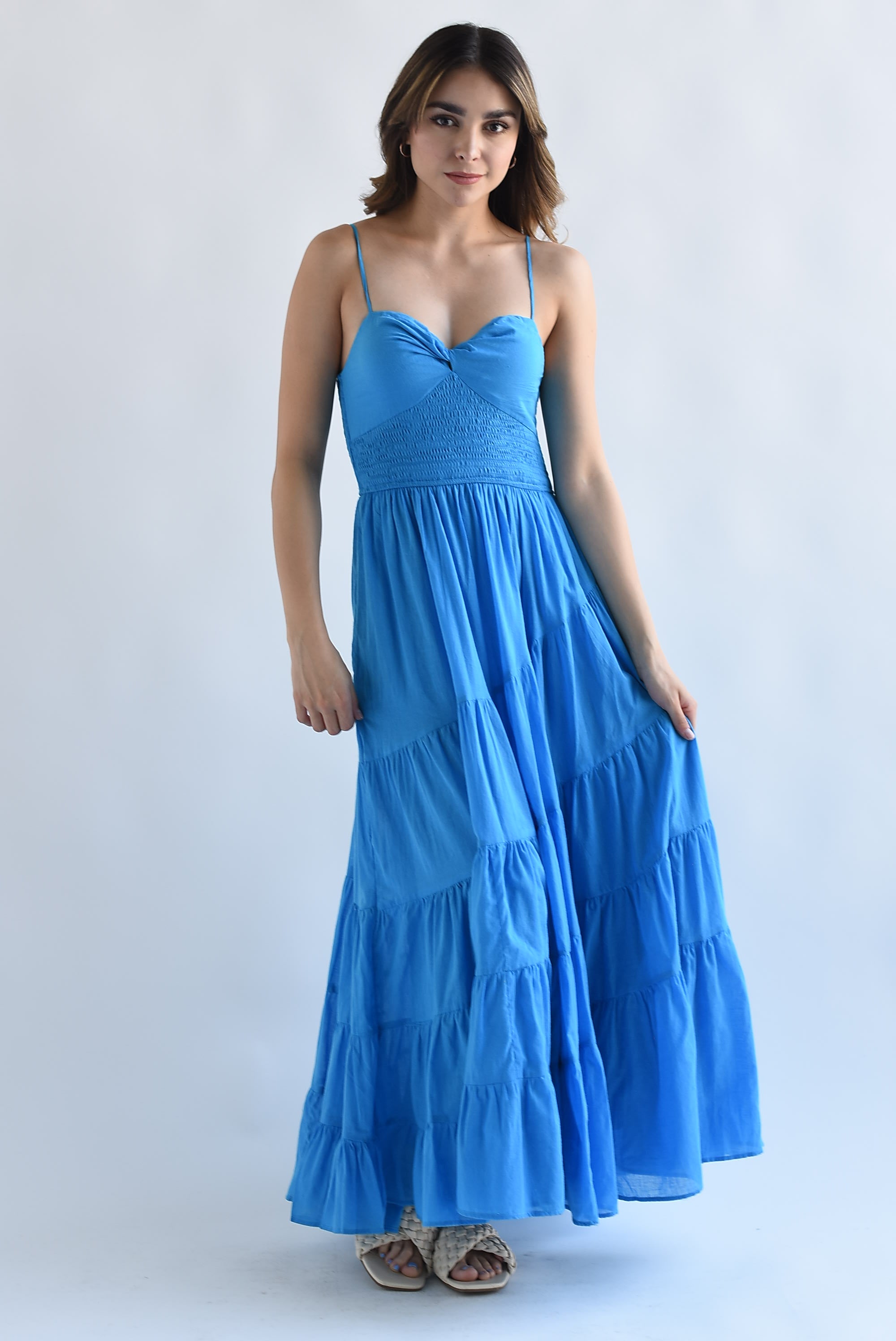 Vestido largo lino tirantes Azul