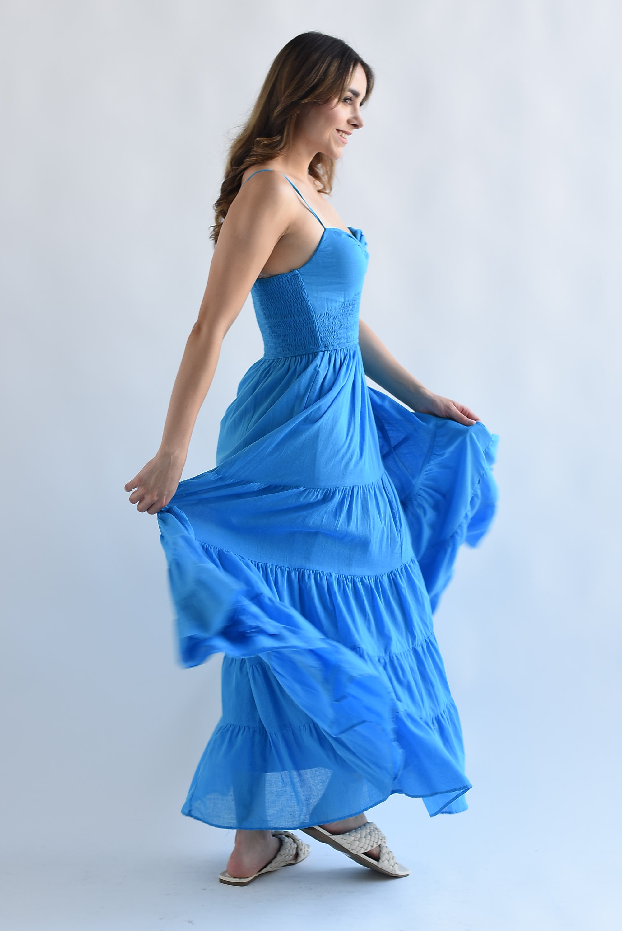 Vestido largo lino tirantes Azul