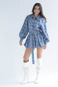 Fashion Styled Set Falda globo y Blusa cuadros Azul