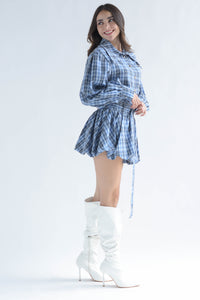 Fashion Styled Set Falda globo y Blusa cuadros Azul