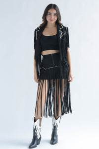 Fashion Styled Set Short y Capa flecos largos suede Negro