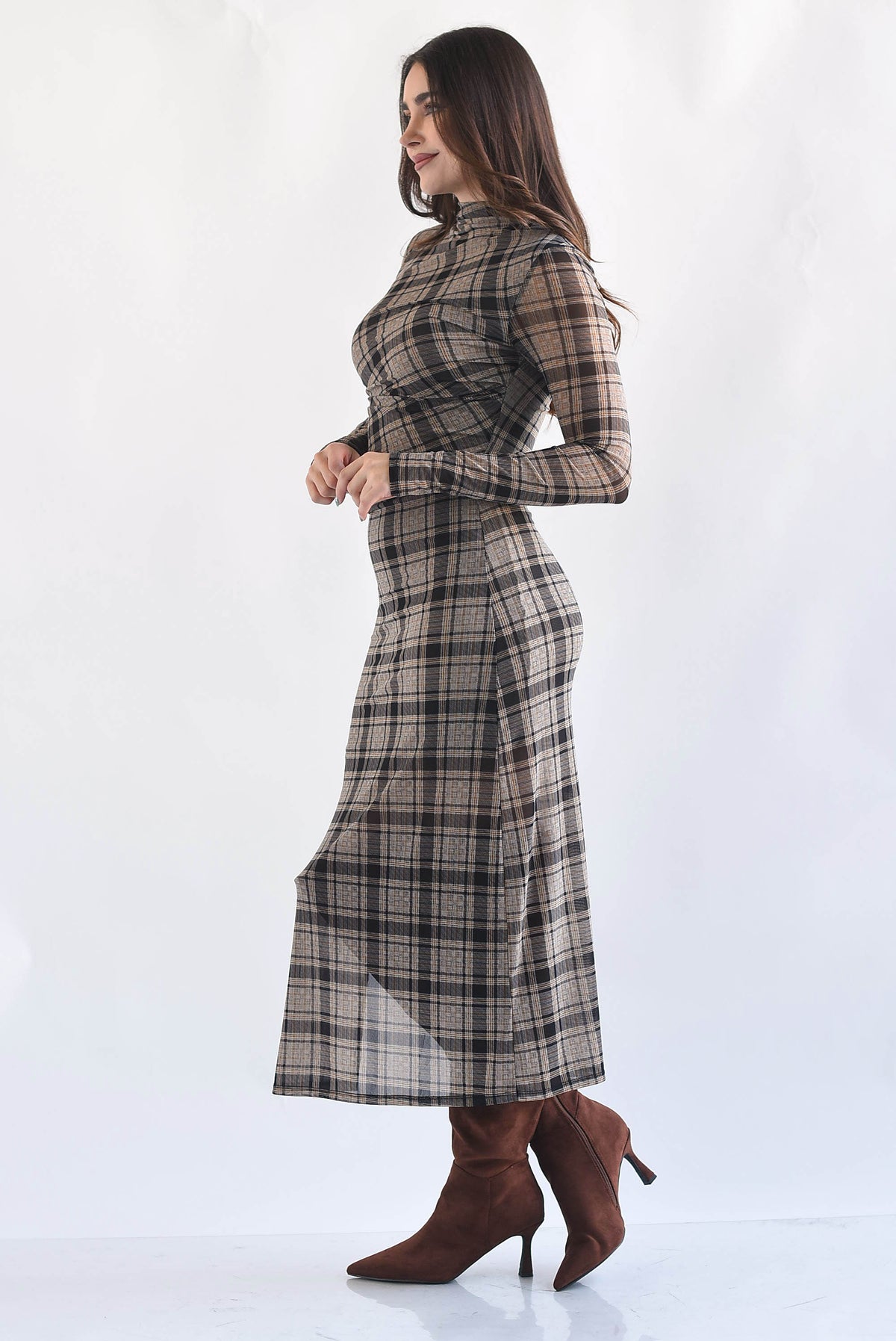 Vestido mesh drapeado cuadros