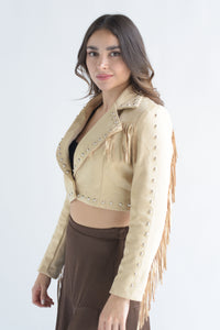 Fashion Styled Blazer crop flecos suede Beige