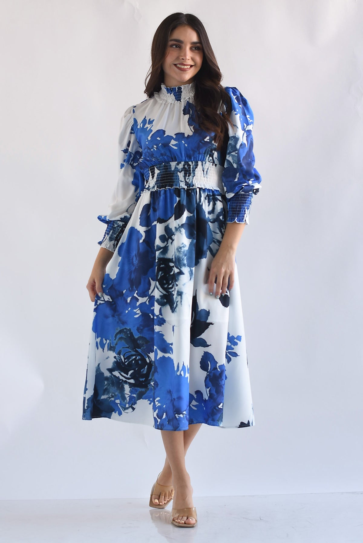 Vestido cintura elástica flores azules