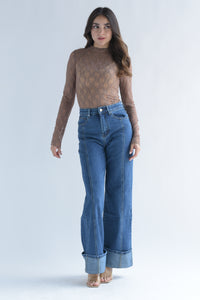 Fashion Styled Blusa manga larga encaje flores Café