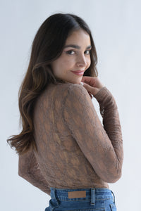 Fashion Styled Blusa manga larga encaje flores Café