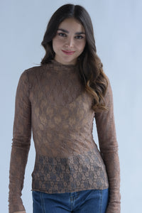 Fashion Styled Blusa manga larga encaje flores Café