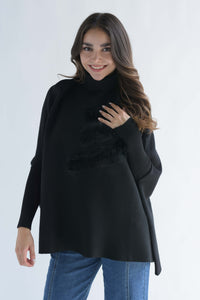 Fashion Styled Poncho líneas fur Negro