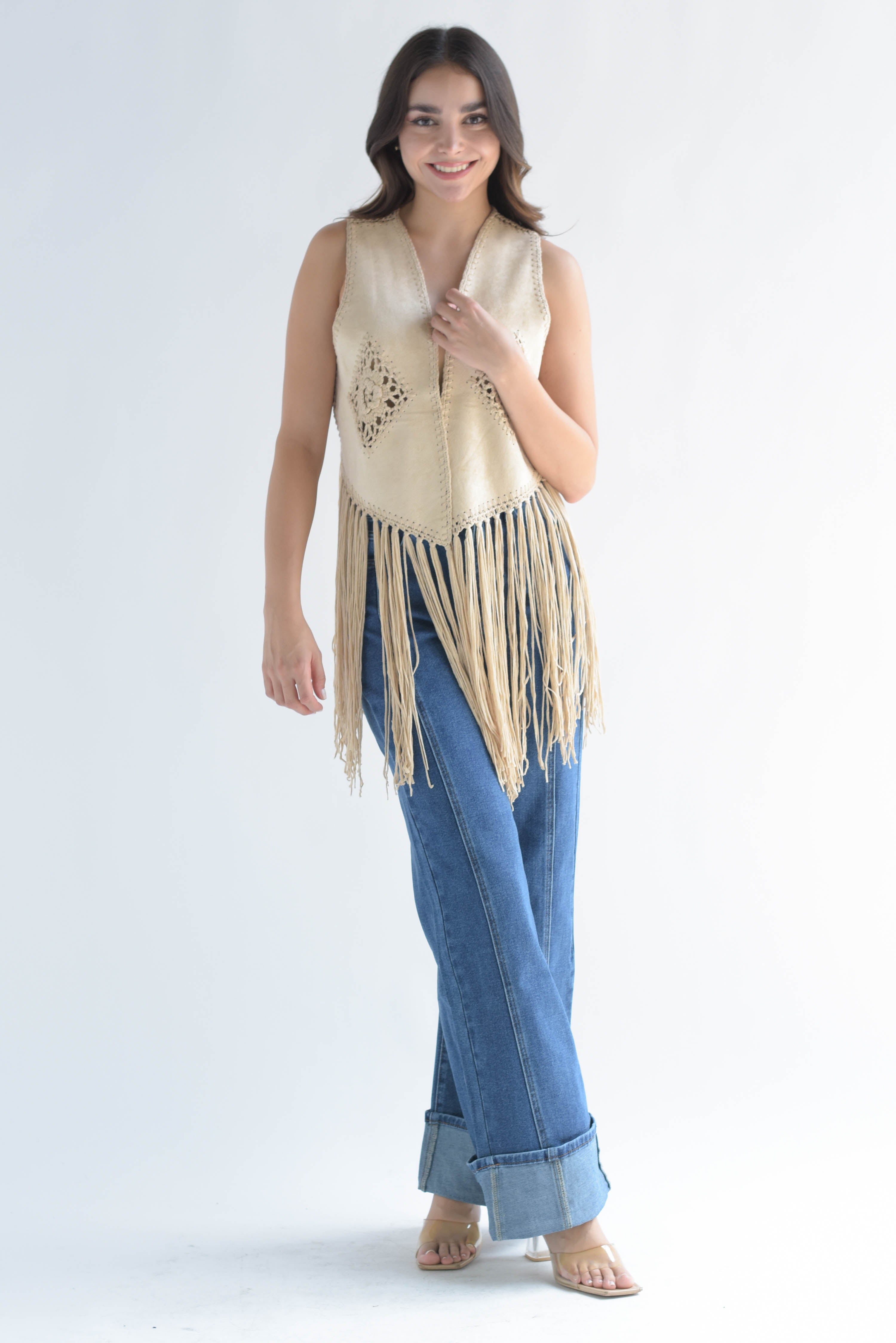Chaleco crochet flecos suede Beige