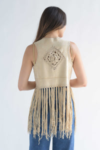 Fashion Styled Chaleco crochet flecos suede Beige