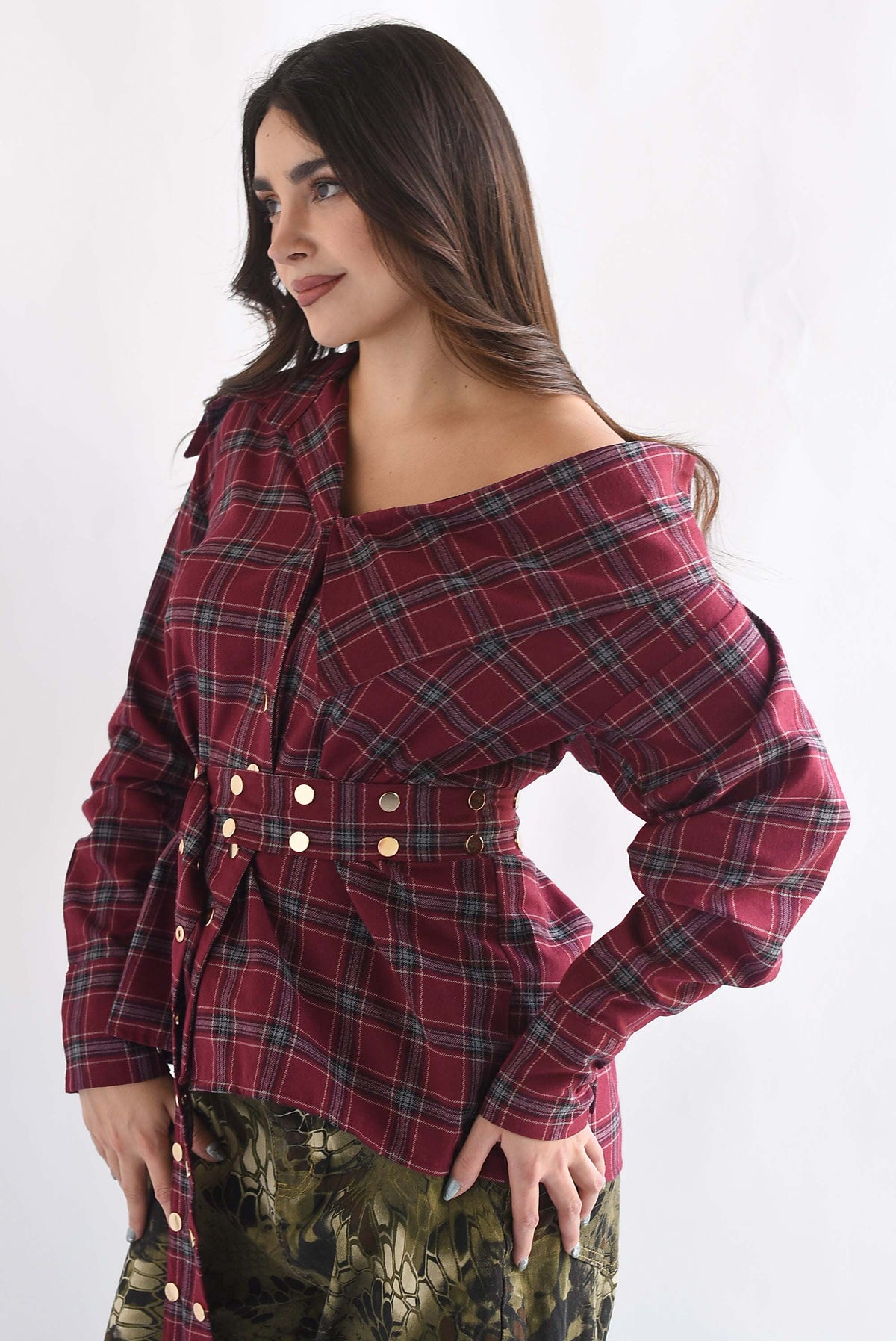 Camisa cuello asimétrico franela cuadros