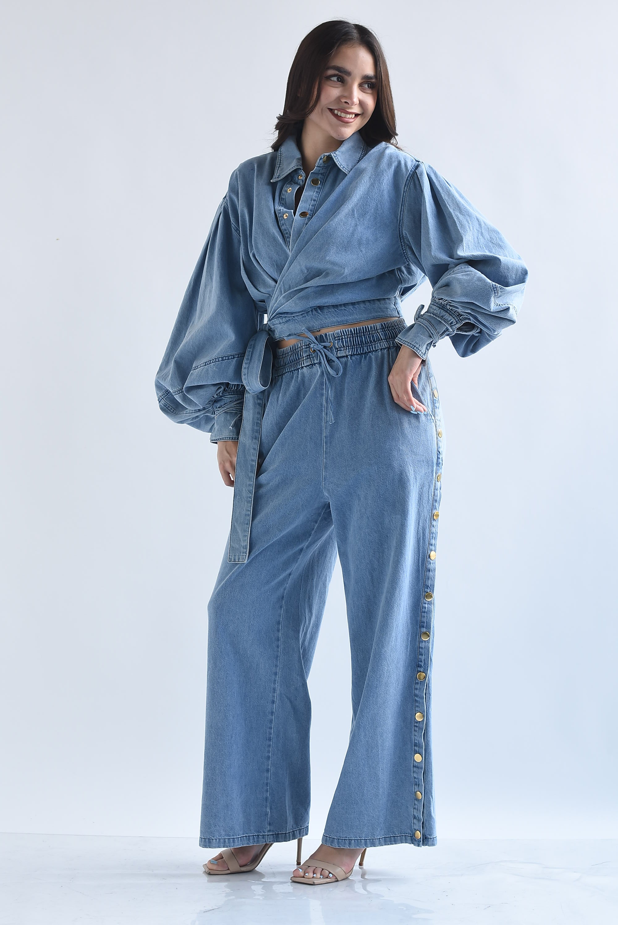 Set Pantalón broches y Shacket cintas Denim