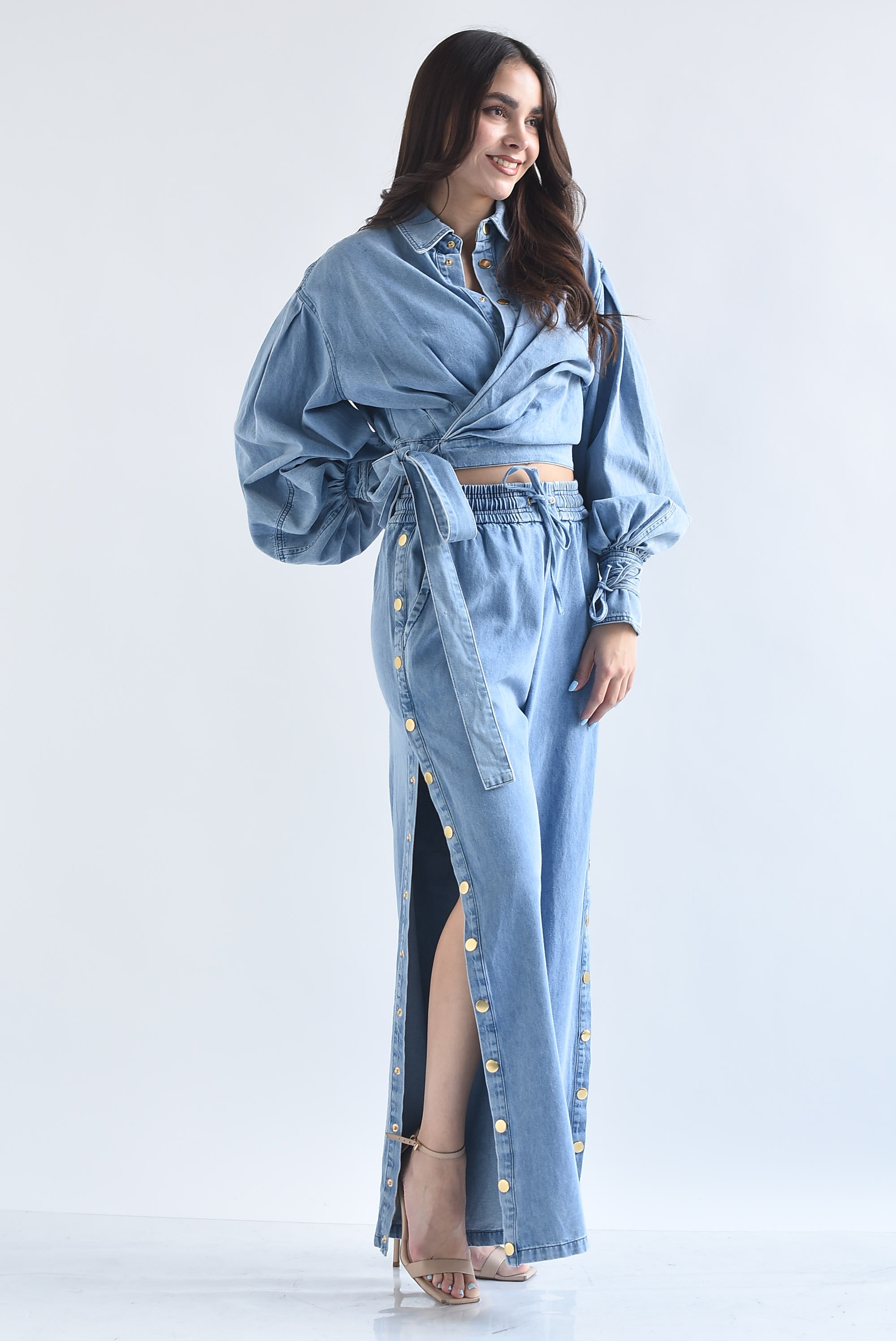 Set Pantalón broches y Shacket cintas Denim