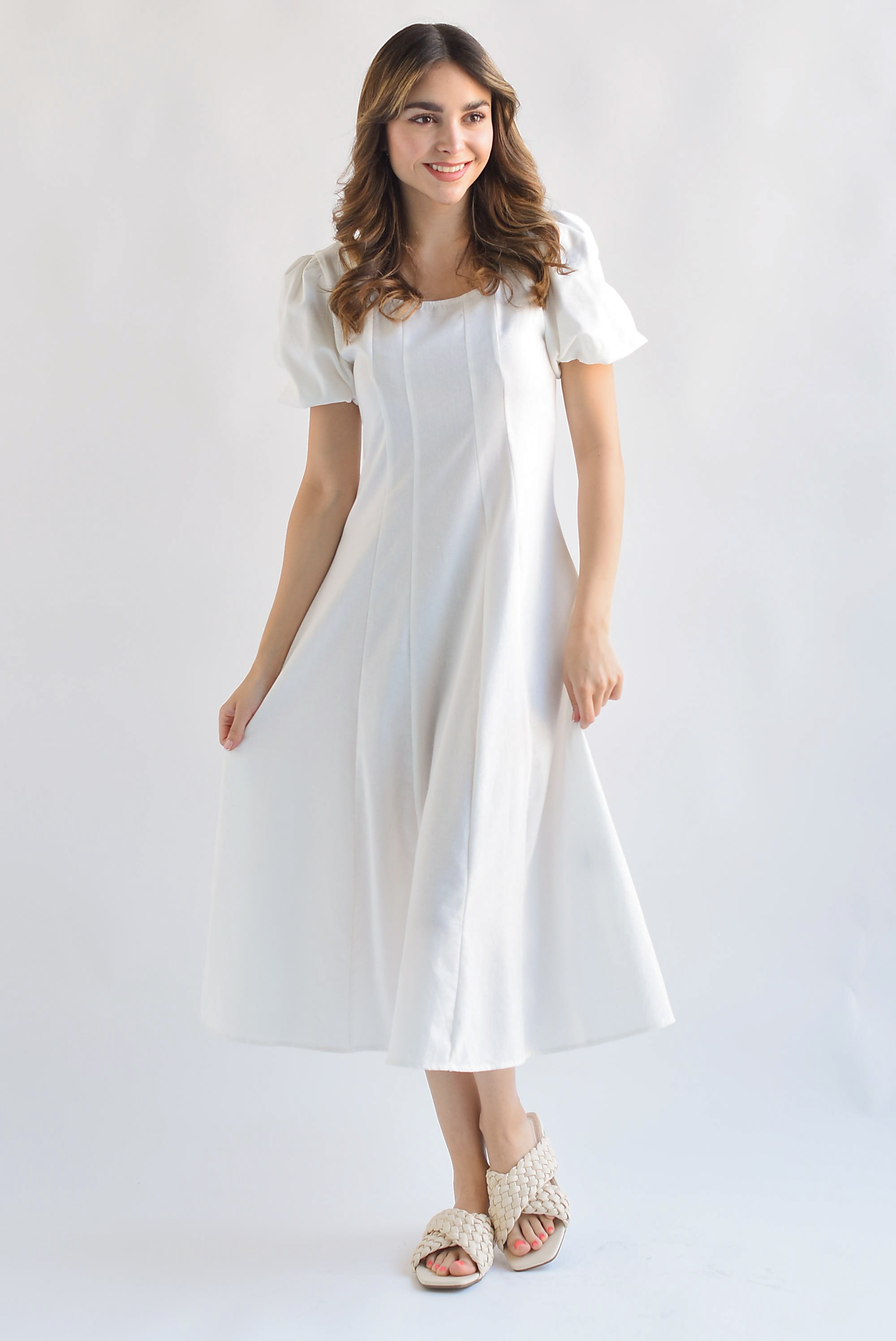 Vestido lino manga puffy Blanco