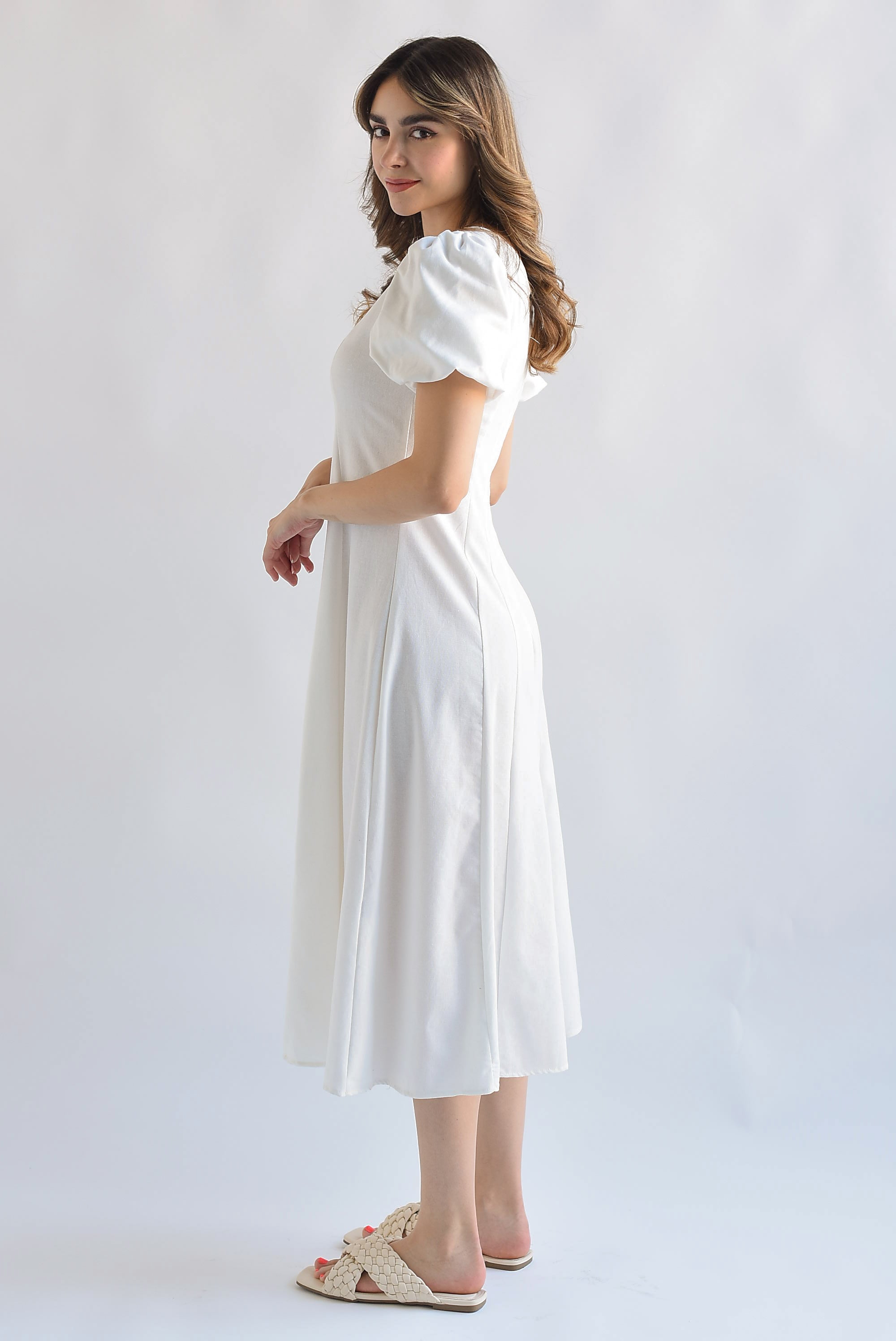 Vestido lino manga puffy Blanco
