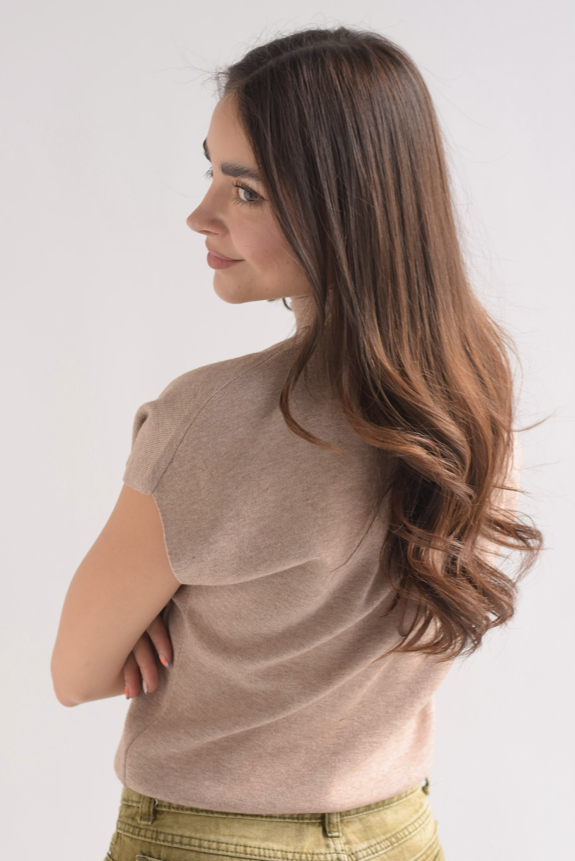 Blusa punto manga corta cuello redondo Beige