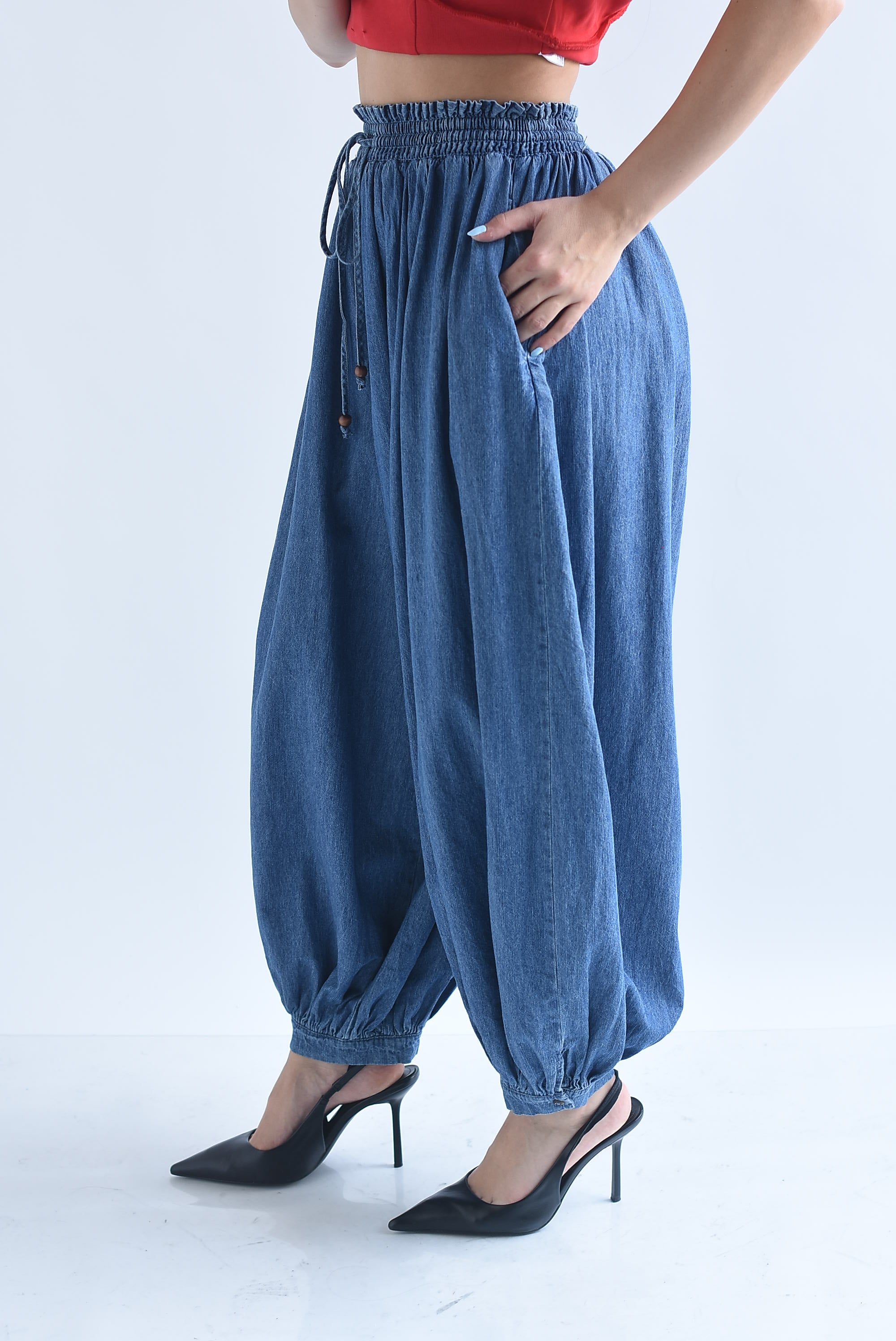 Pantalón globo cintura elástica Denim