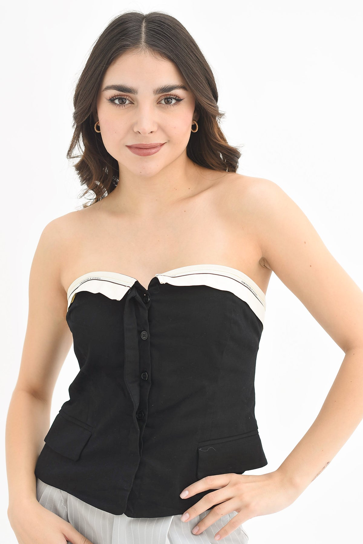 Top strapless pretina doblada Negro