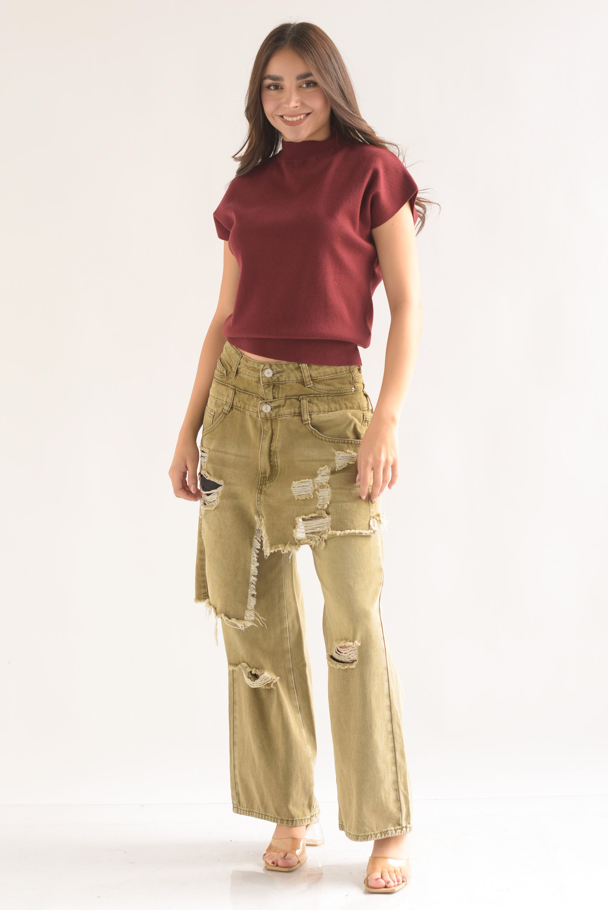 Blusa punto manga corta cuello redondo Vino