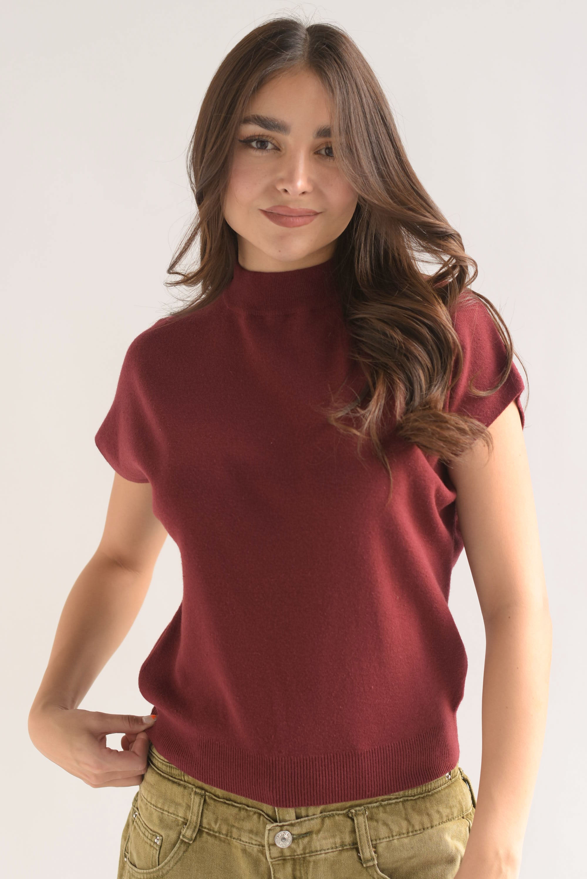 Blusa punto manga corta cuello redondo Vino