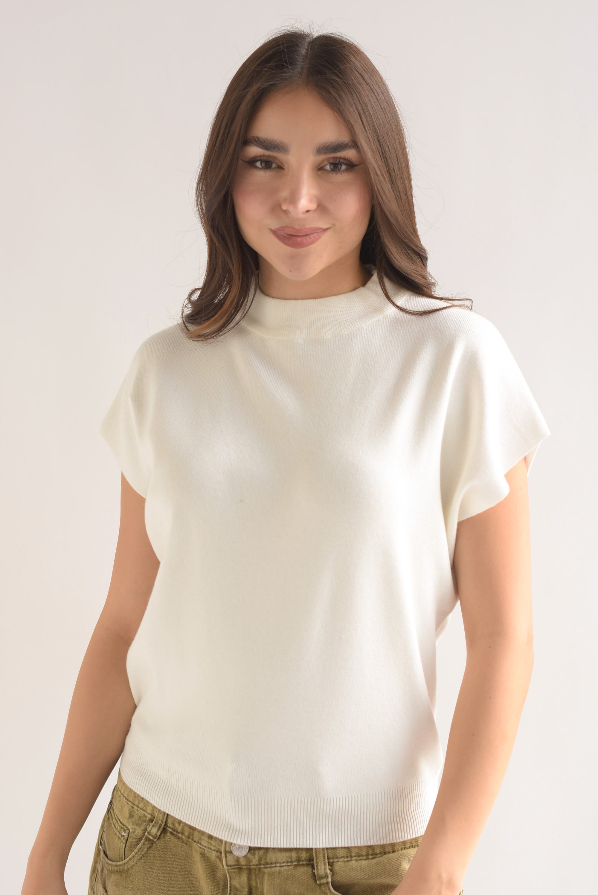 Blusa punto manga corta cuello redondo Blanco