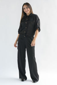 Fashion Styled Set Pantalón y Blusa cargo satín Negro