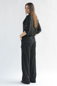 Fashion Styled Set Pantalón y Blusa cargo satín Negro