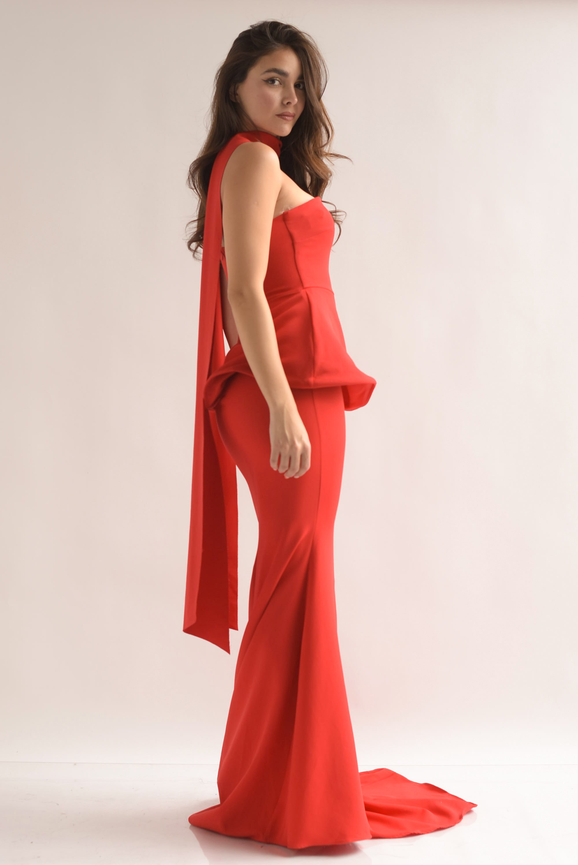 Vestido largo strapless peplum Rojo