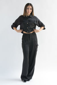 Fashion Styled Set Pantalón y Blusa cargo satín Negro