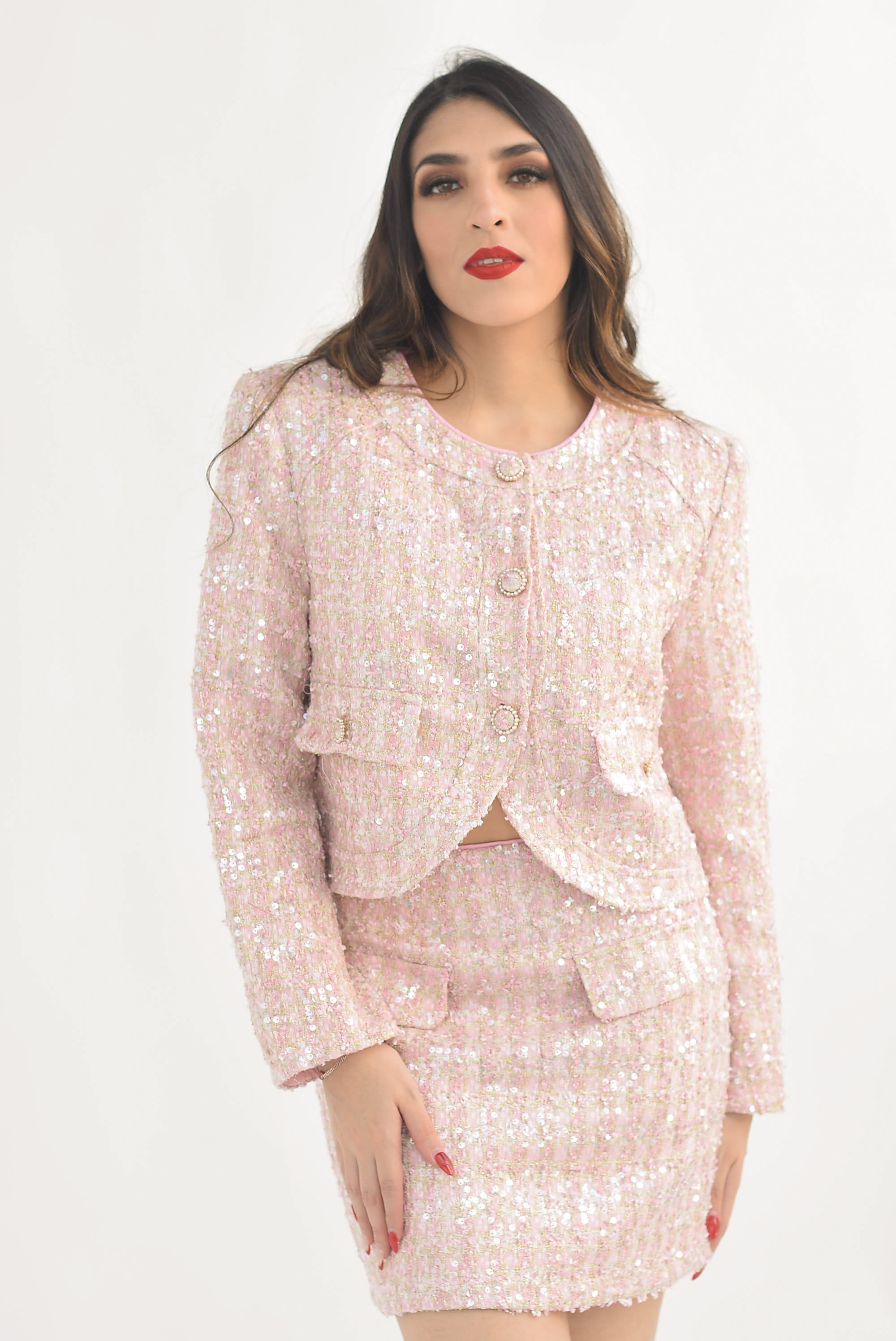 Set Falda y Blazer tweed y lentejuela Rosa