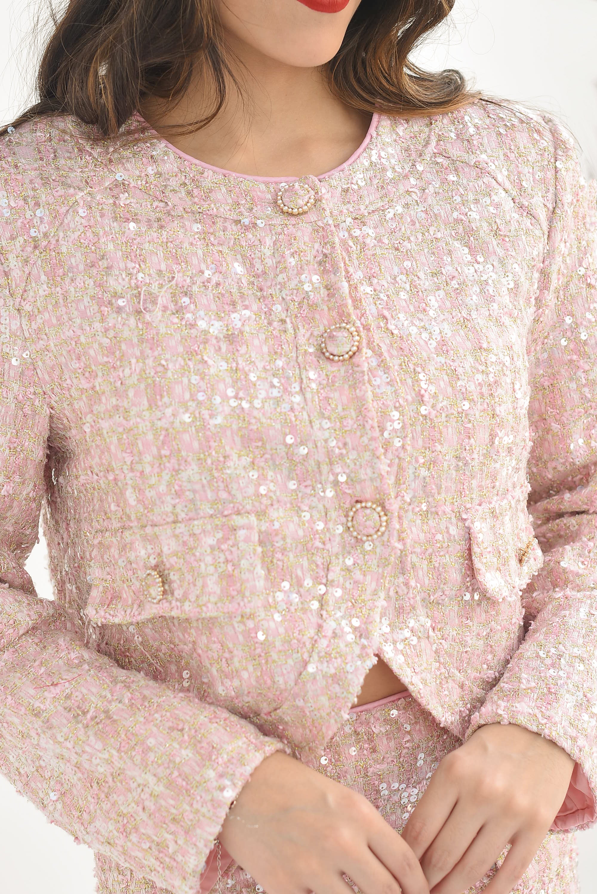 Set Falda y Blazer tweed y lentejuela Rosa