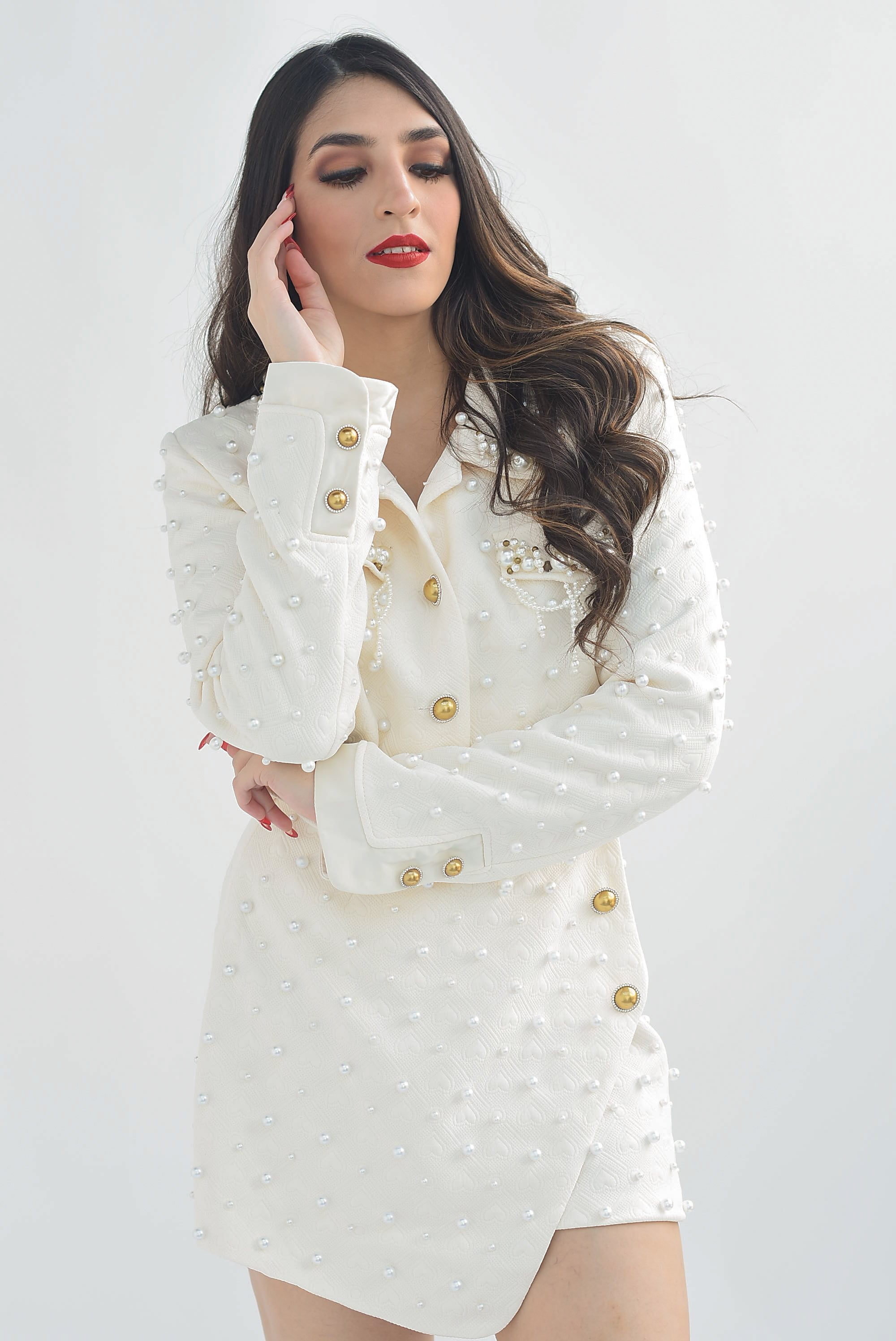 Set Falda y Blazer crop Corazones y Perlas Ivory