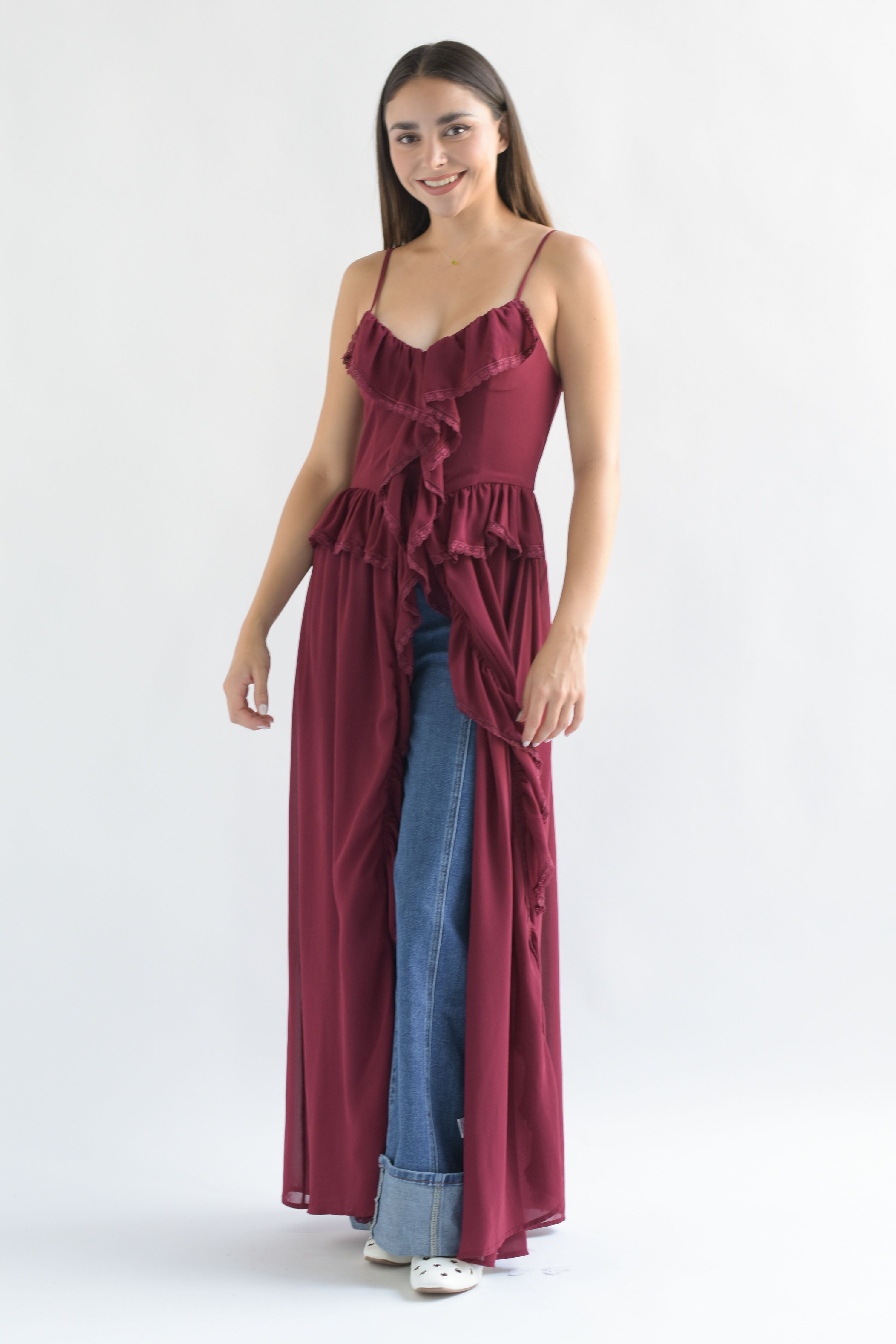 Maxi blusa olanes tira encaje Rojo