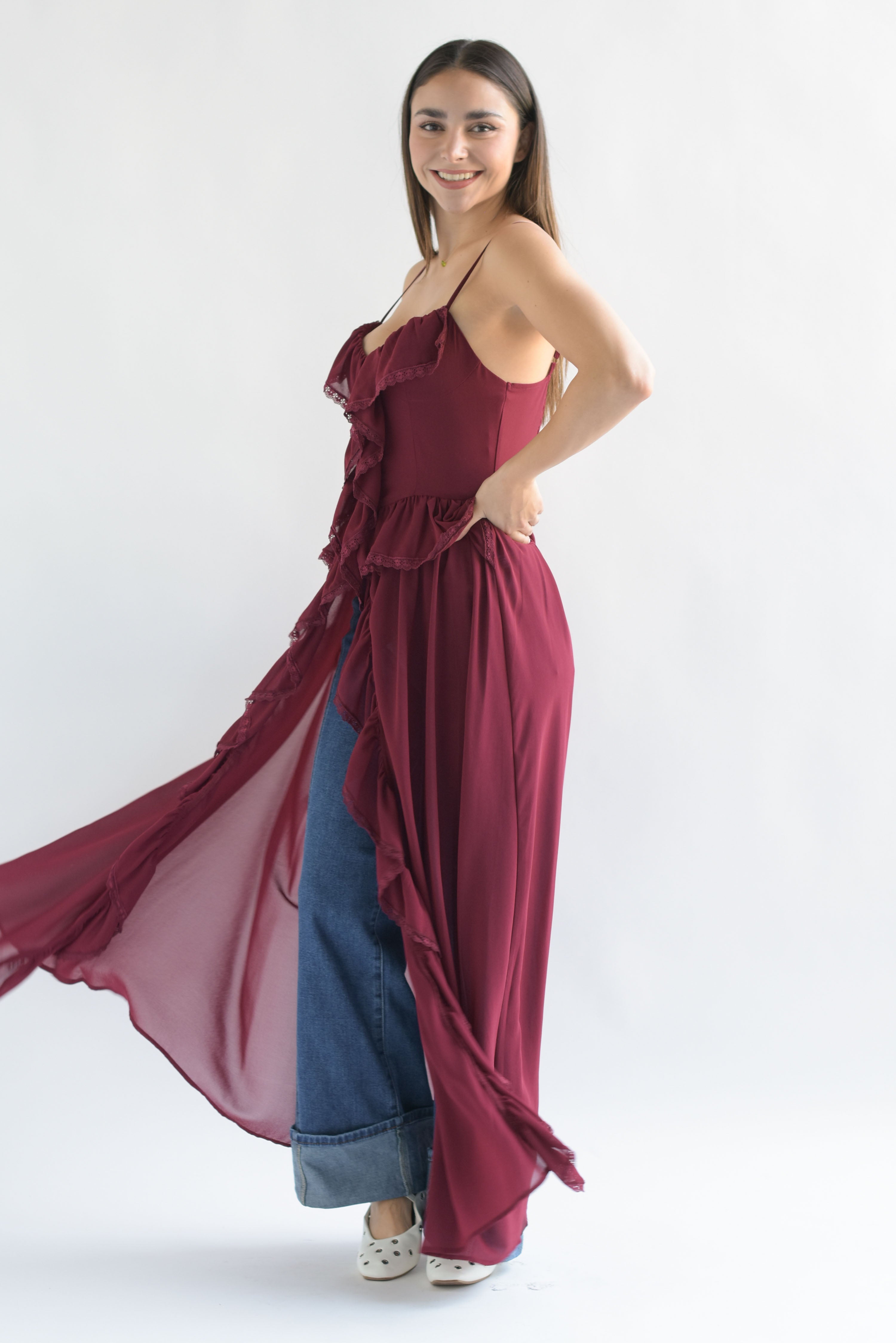 Maxi blusa olanes tira encaje Rojo