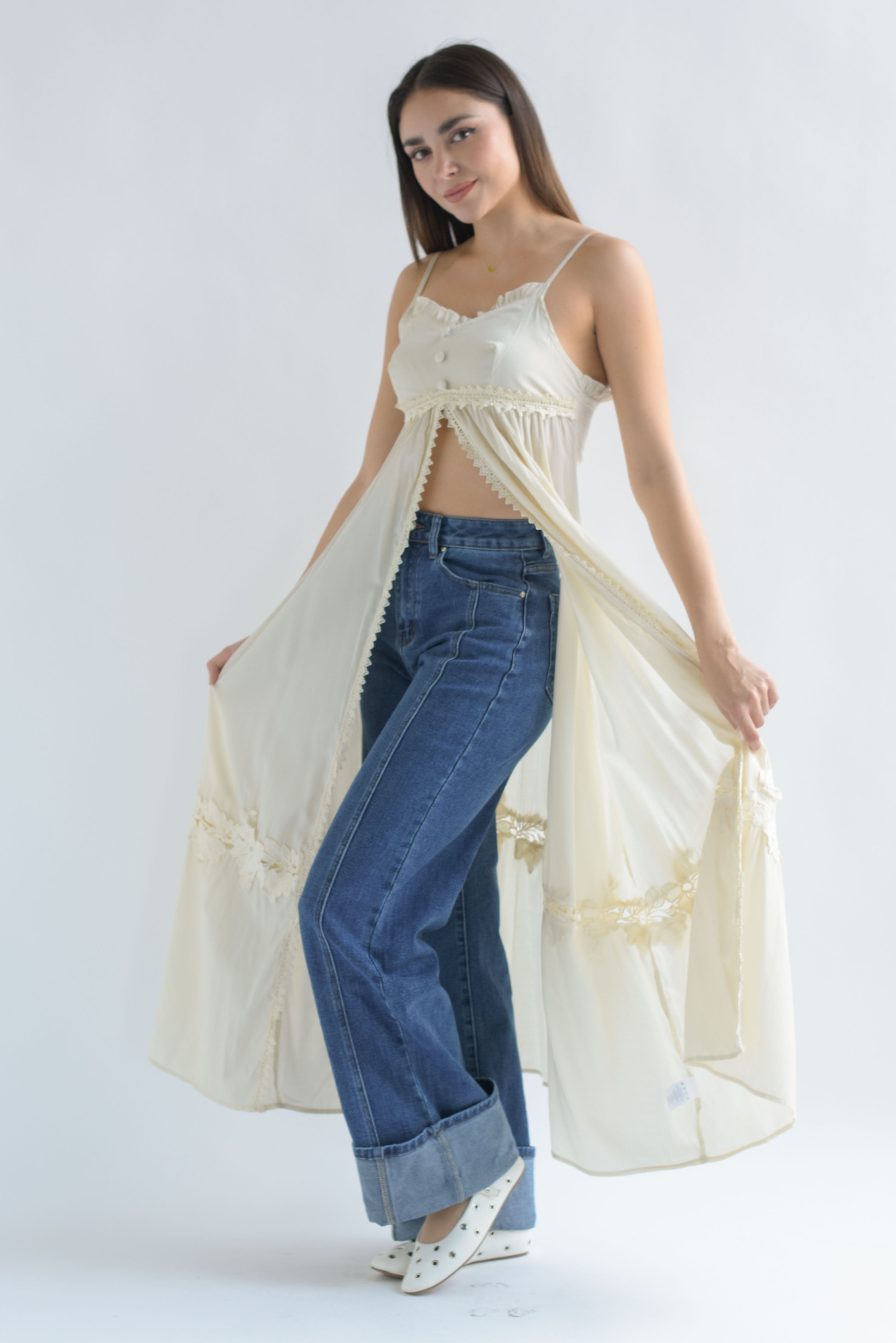 Maxi blusa tira bordada flores Ivory