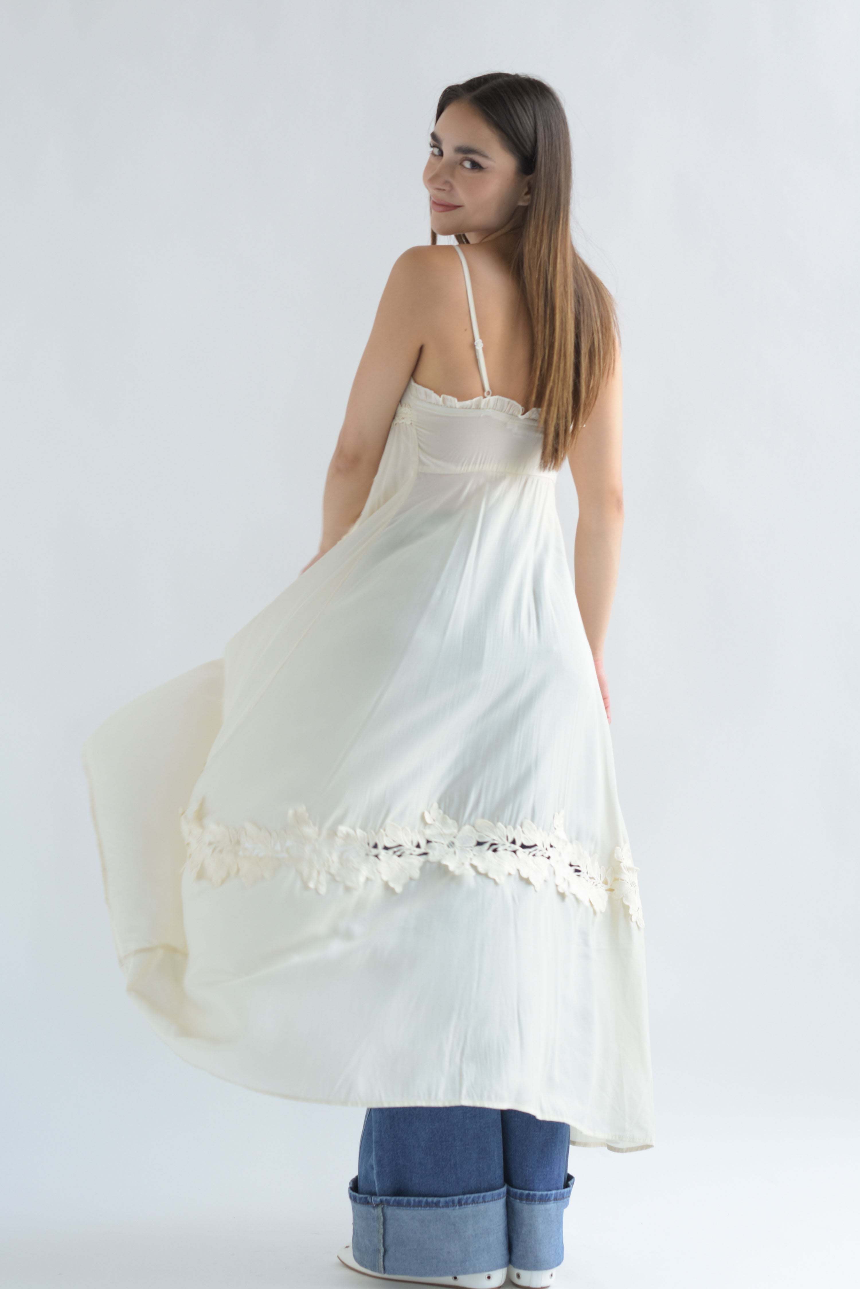 Maxi blusa tira bordada flores Ivory