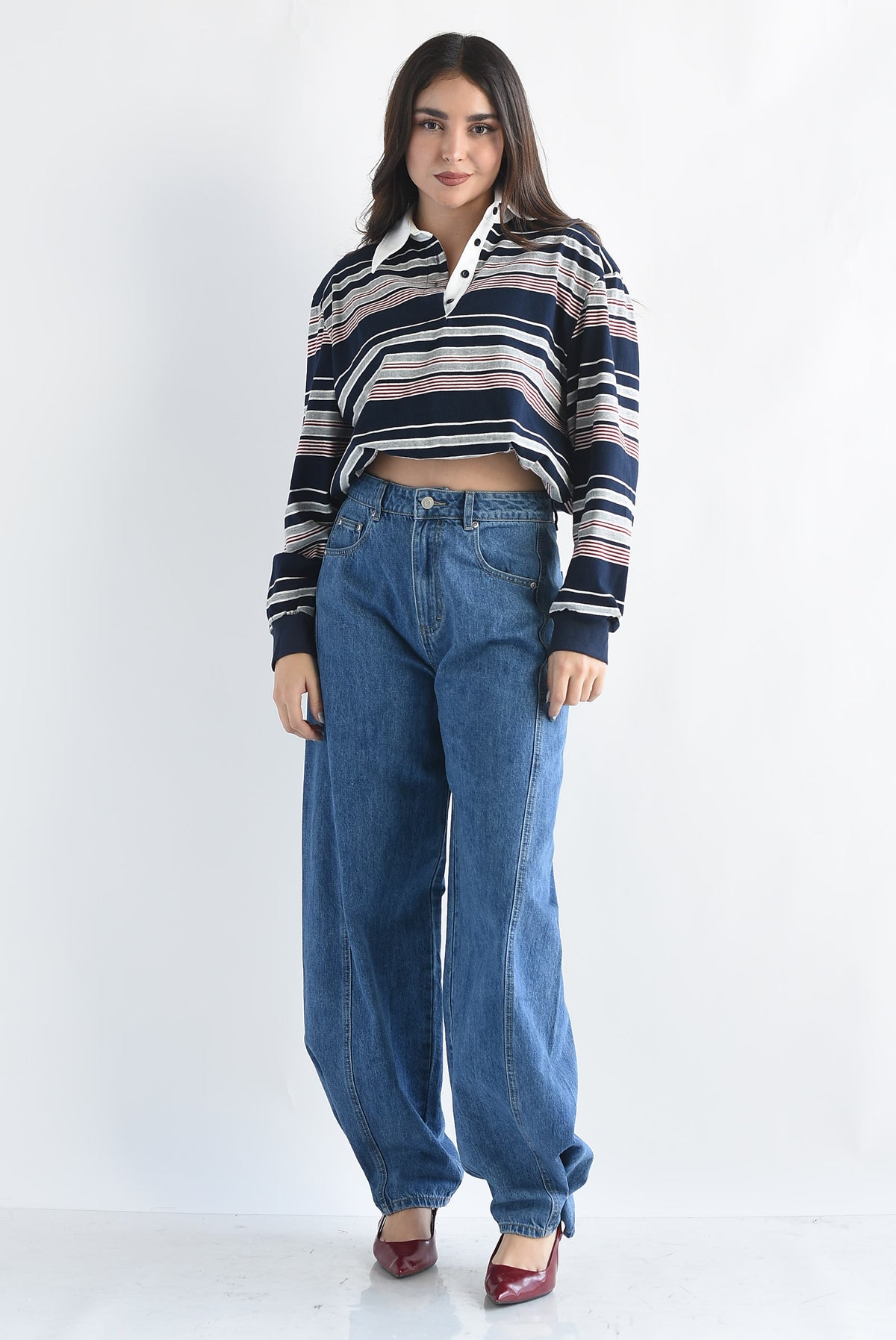 Blusa globo cuello polo rayas