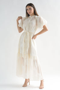 Fashion Styled Vestido manga globo flores bordadas Ivory