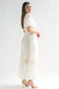Fashion Styled Vestido manga globo flores bordadas Ivory