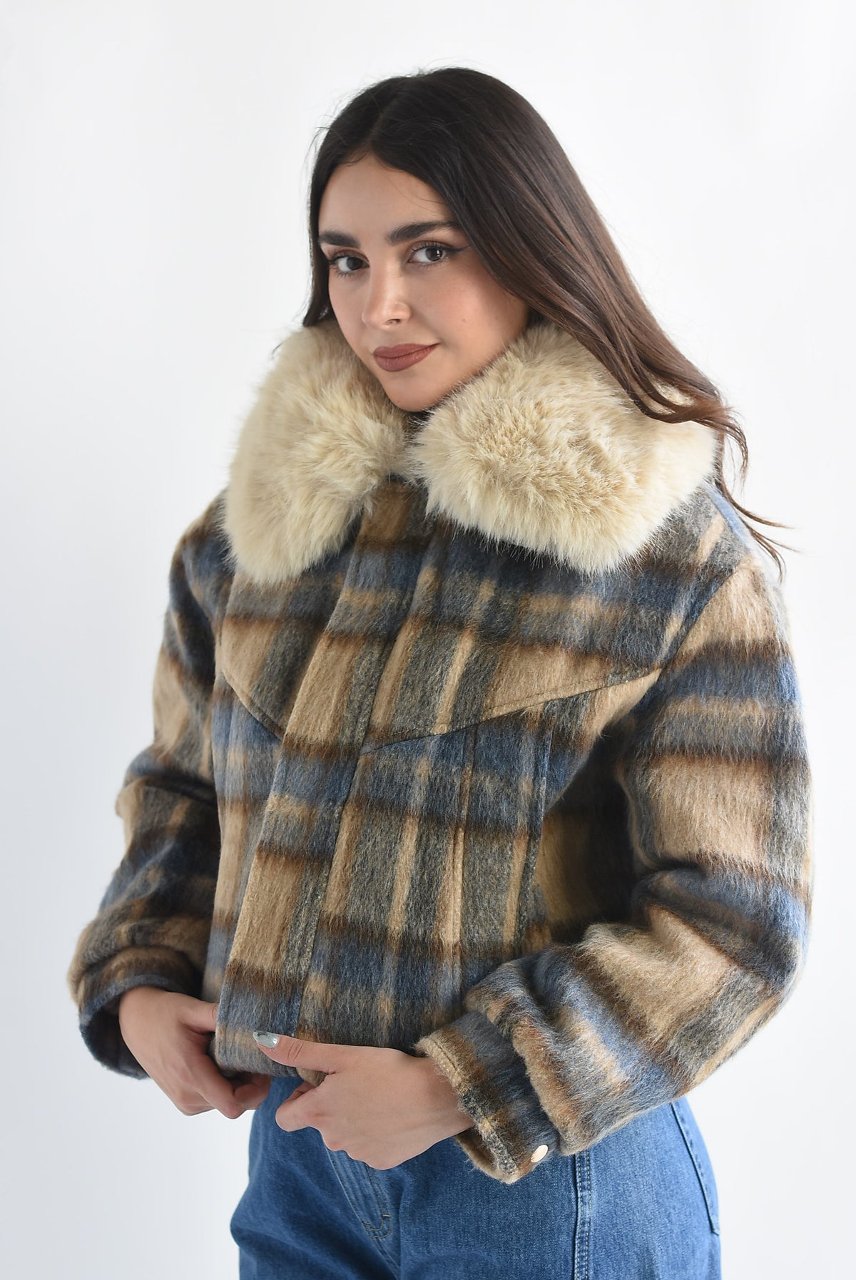Chamarra cuello fur cuadros