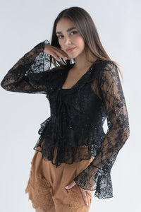 Fashion Styled Blusa encaje olanes lazos Negro