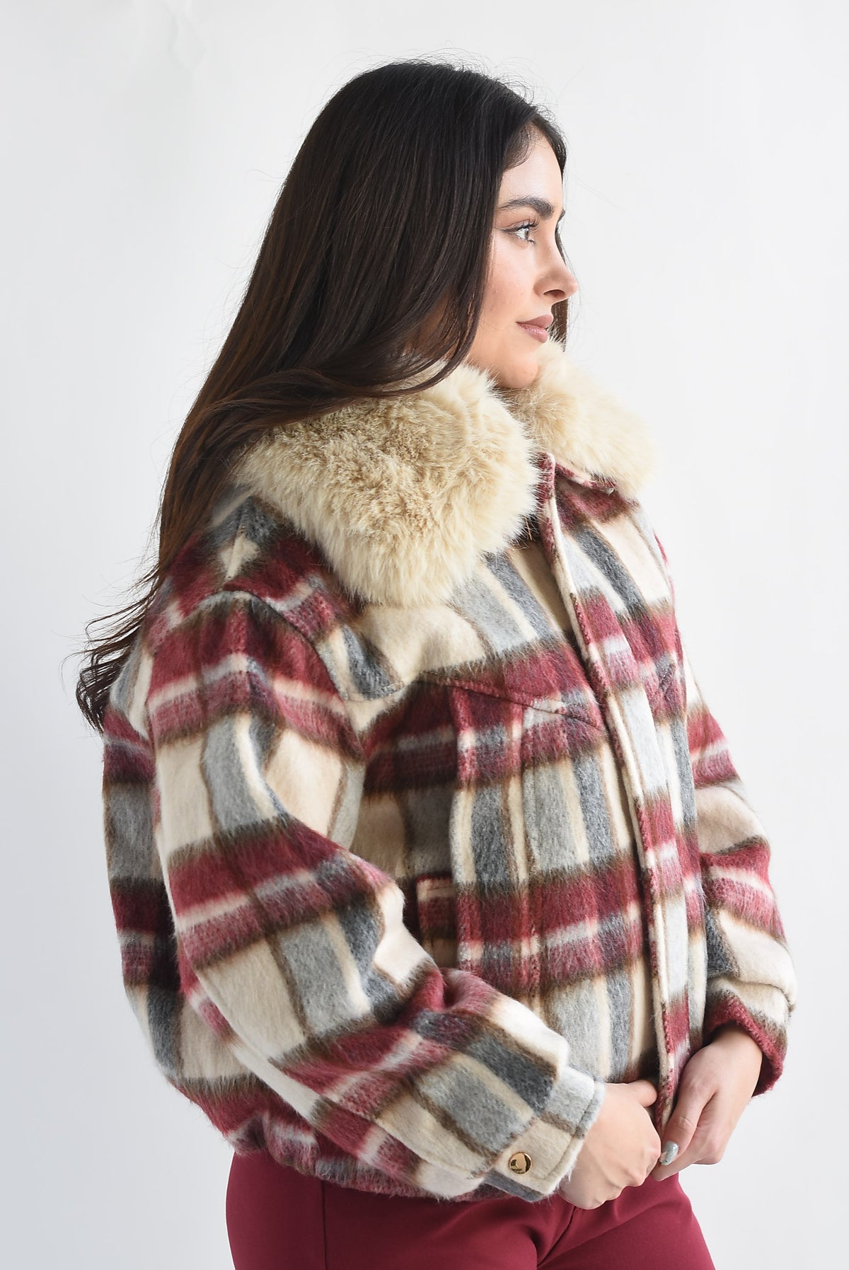 Chamarra cuello fur cuadros