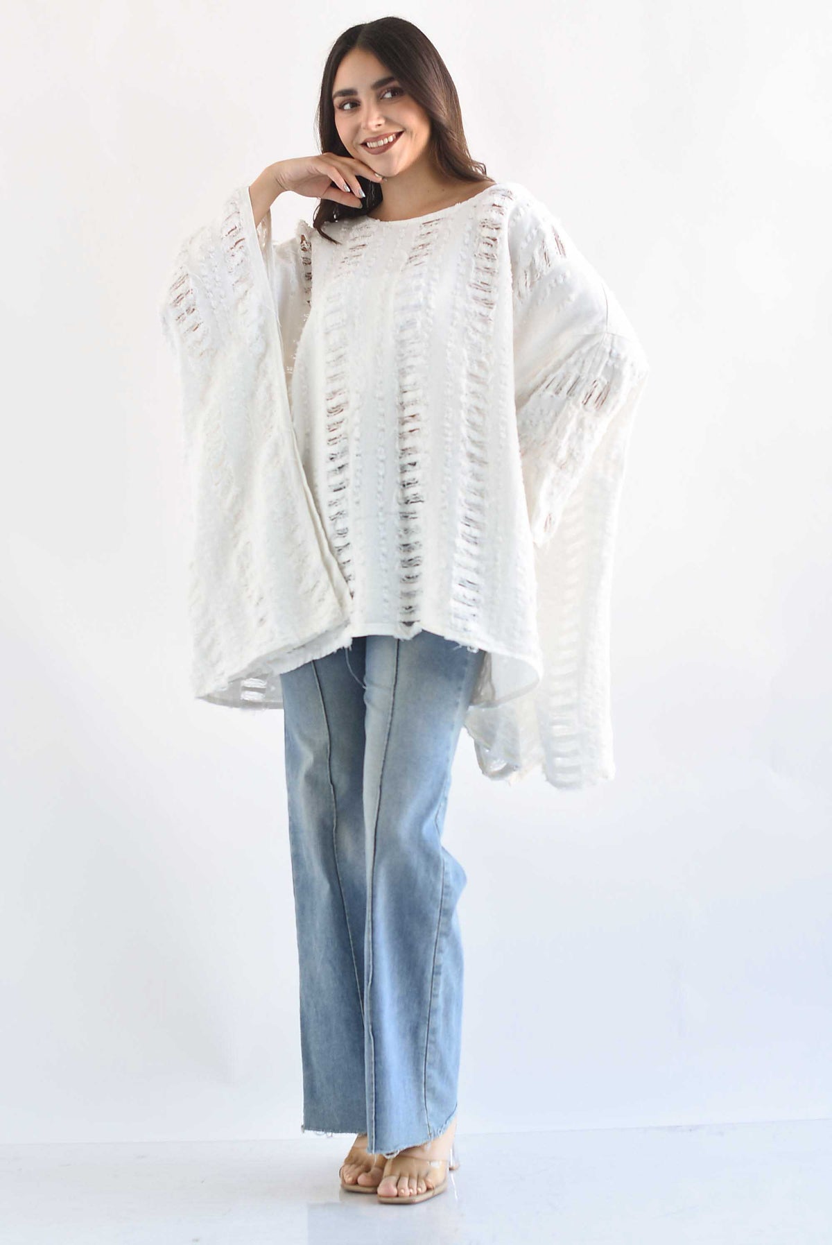 Poncho deshilado denim Blanco