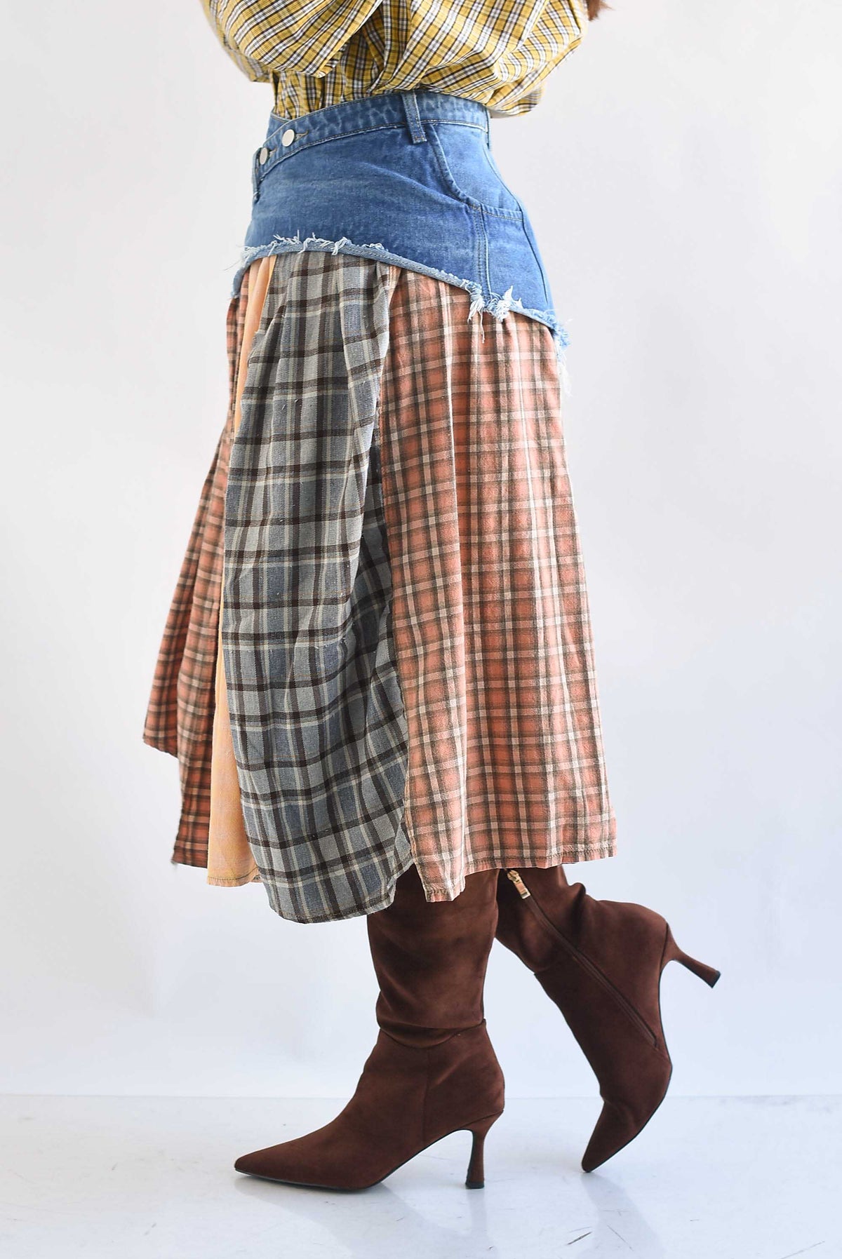 Falda patchwork cuadros pretina denim