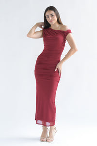 Fashion Styled Vestido mesh drapeado asimétrico Rojo Cereza