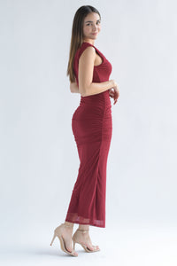 Fashion Styled Vestido mesh drapeado asimétrico Rojo Cereza