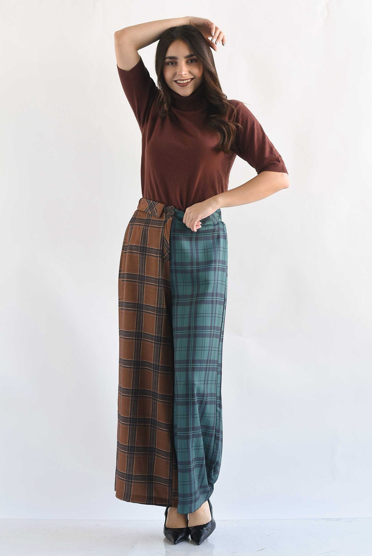 Pantalón pretina doblada cuadros