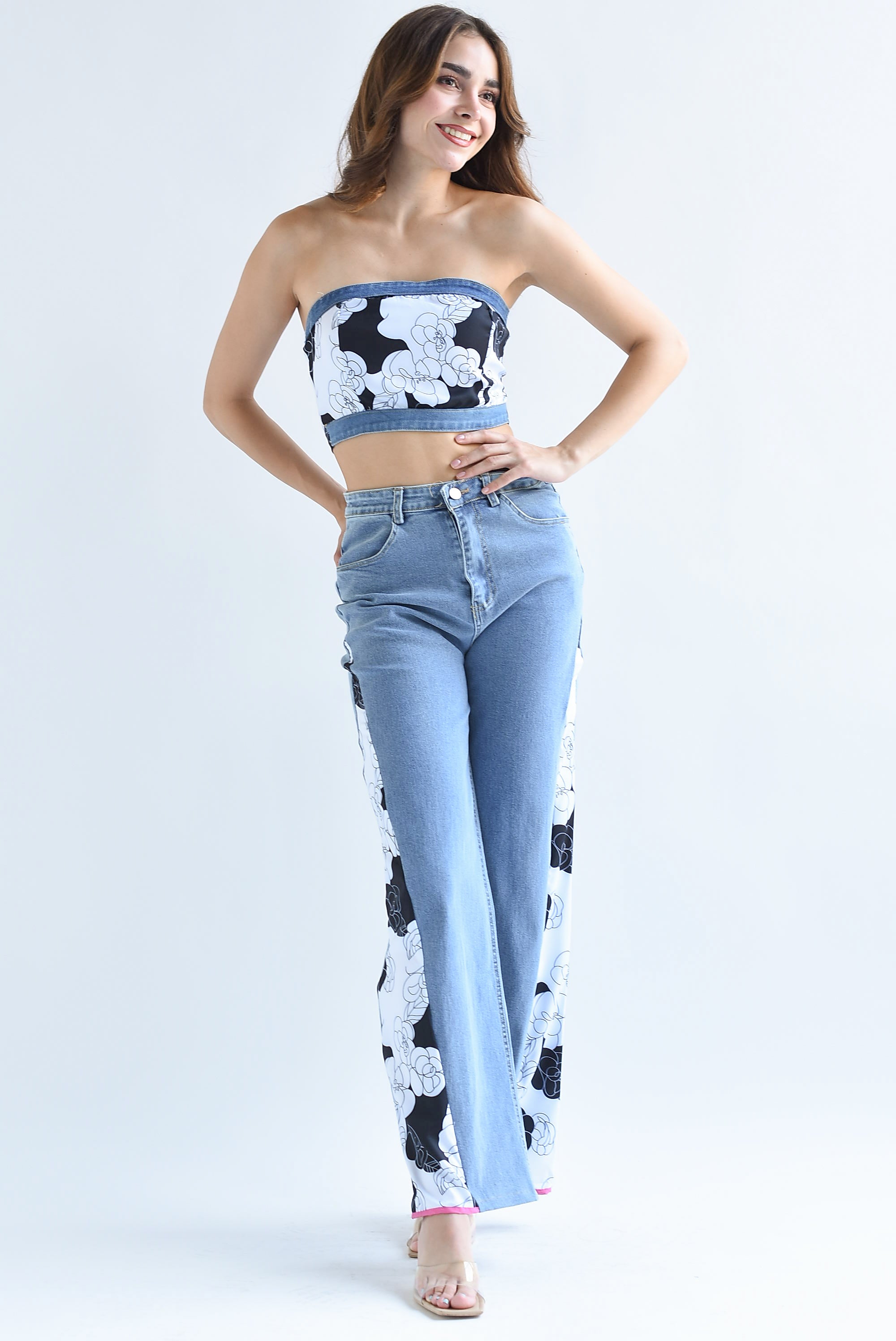 Set Pantalón y Top Denim con estampado flores